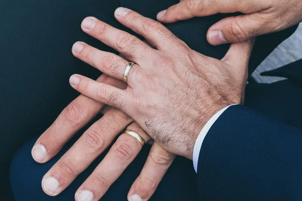 two man's hands wearing gold-colored wedding rings